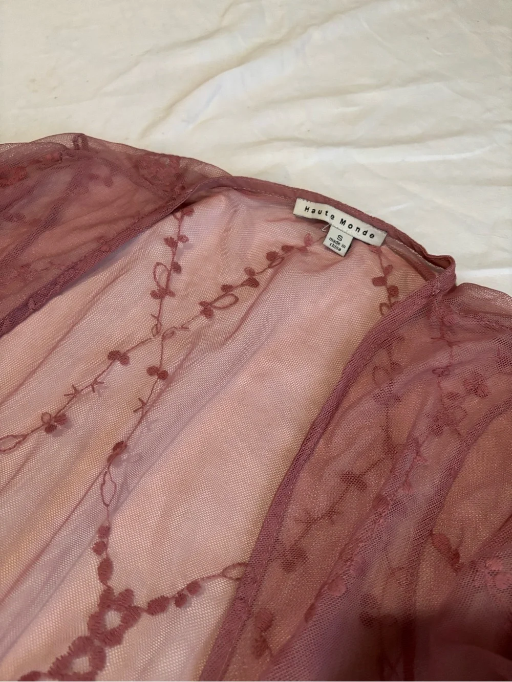 Haute Monde Sheer Lace Long Robe in Dusty Rose